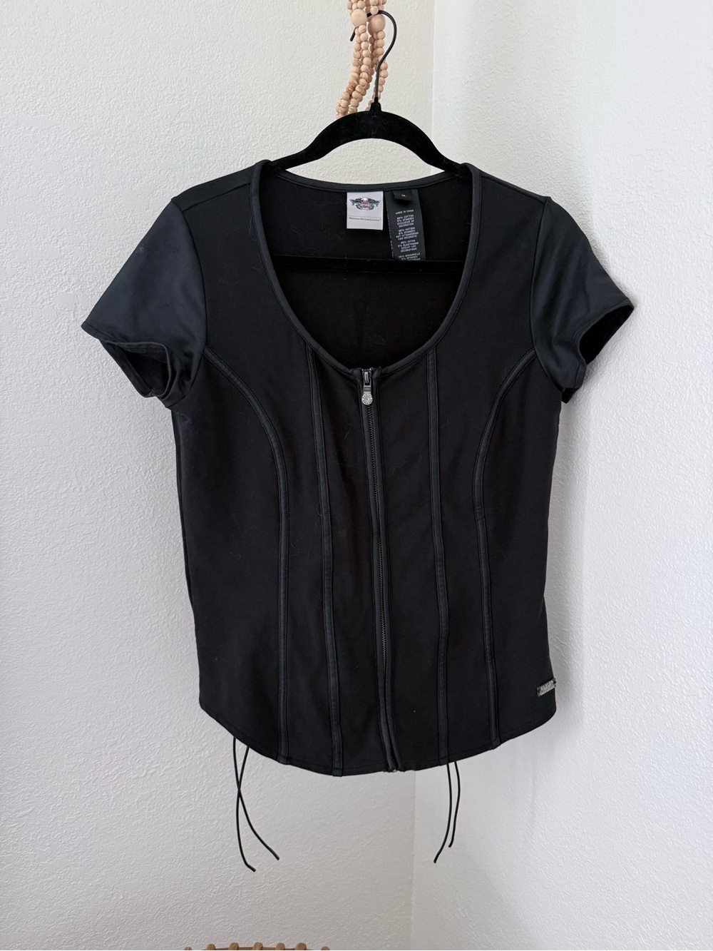 Harley Davidson Short Sleeve Zip Up Faux Leather Corset Top